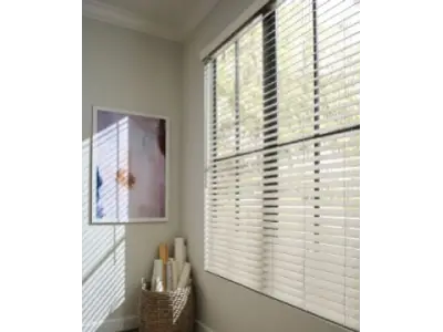 A room with a window and some blinds